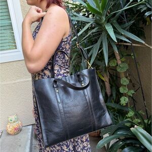Vintage Black/Gold Fossil Leather Tote Bag with Adjustable/Removable Strap